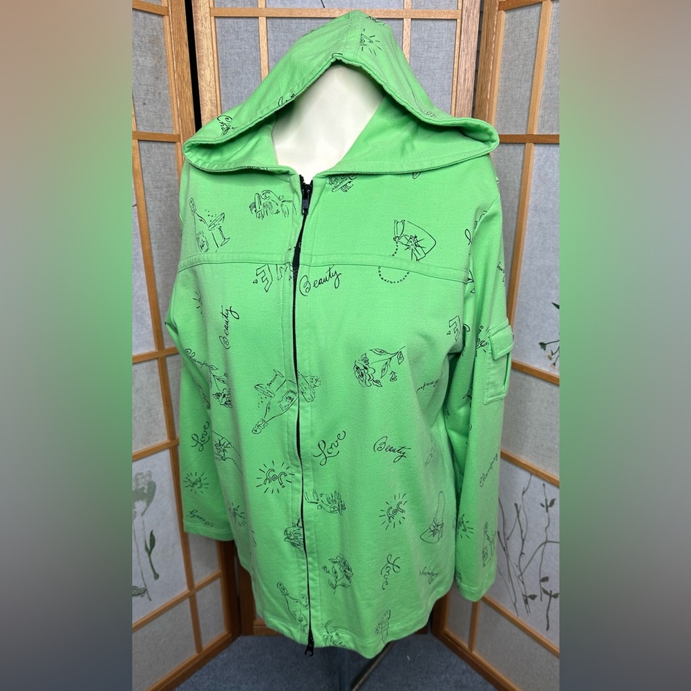 Green with black whimsical  print Erin London hoodie size large